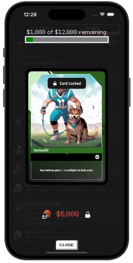 UI showing a locked card that's greater than remaining budget