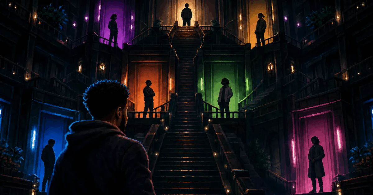 A pixel art illustration of a fantasy football player facing silhouetted competitors across illuminated stairways.