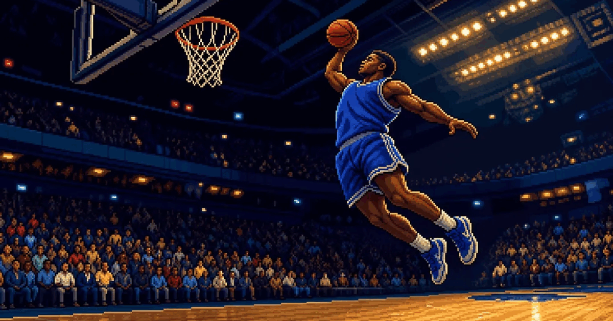 A pixel art basketball player dunking in a packed arena.