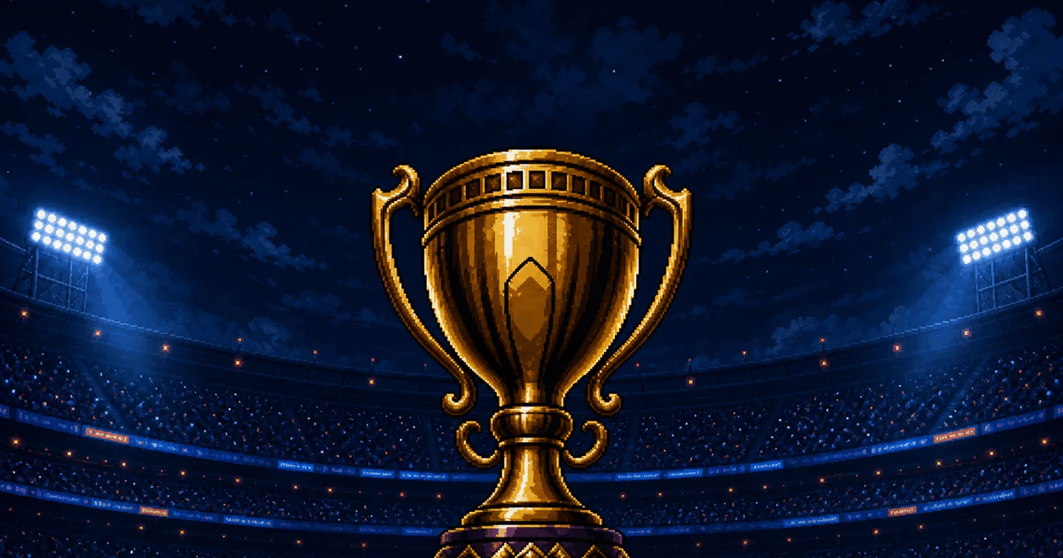 A pixel art illustration of a golden trophy under stadium lights at night.