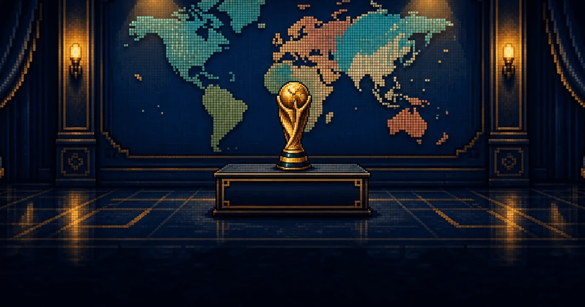A pixel art World Cup trophy displayed before a world map.