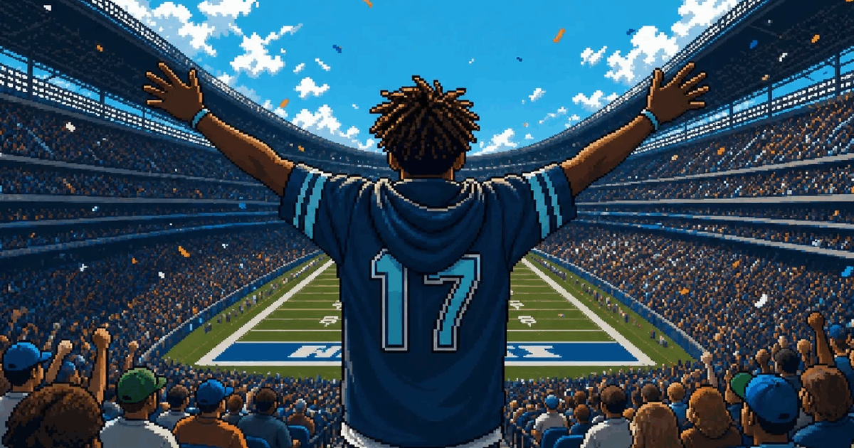 A pixel art illustration of a football fan wearing number 17 and celebrating in a packed stadium.